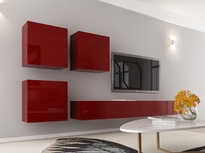 Living QUADRO 17 MDF Bordo Lucios | Set Mobilier Modular Suspendat Premium Configurabil pentru un Living Modern Fără Mânere/Push to Open - Hulgo Mobili [1]