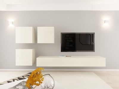 Living QUADRO 17 MDF Crem Lucios | Set Mobilier Modular Suspendat Premium Configurabil pentru un Living Modern Fără Mânere/Push to Open - Hulgo Mobili