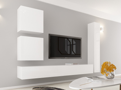 Living QUADRO 18 MDF Alb Lucios | Set Mobilier Modular Suspendat Premium Configurabil pentru un Living Modern Fără Mânere/Push to Open - Hulgo Mobili [2]