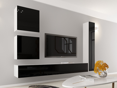 Living QUADRO 18 MDF Alb/Negru Lucios | Set Mobilier Modular Suspendat Premium Configurabil pentru un Living Modern Fără Mânere/Push to Open - Hulgo Mobili [2]