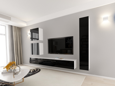 Living QUADRO 18 MDF Alb/Negru Lucios | Set Mobilier Modular Suspendat Premium Configurabil pentru un Living Modern Fără Mânere/Push to Open - Hulgo Mobili [9]