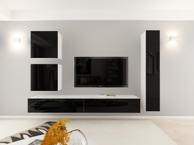 Living QUADRO 18 MDF Alb/Negru Lucios | Set Mobilier Modular Suspendat Premium Configurabil pentru un Living Modern Fără Mânere/Push to Open - Hulgo Mobili