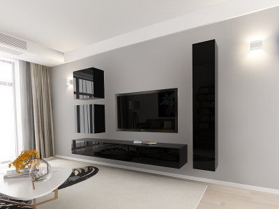 Living QUADRO 18 MDF Negru Lucios | Set Mobilier Modular Suspendat Premium Configurabil pentru un Living Modern Fără Mânere/Push to Open - Hulgo Mobili [1]