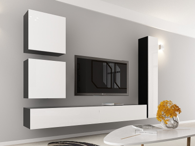 Living QUADRO 18 MDF Negru/Alb Lucios | Set Mobilier Modular Suspendat Premium Configurabil pentru un Living Modern Fără Mânere/Push to Open - Hulgo Mobili [2]