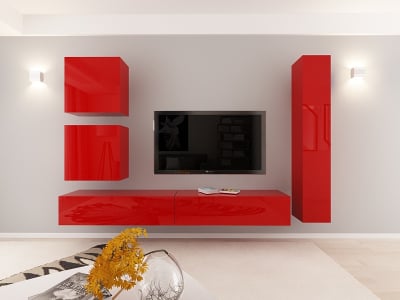 Living QUADRO 18 MDF Rosu Lucios | Set Mobilier Modular Suspendat Premium Configurabil pentru un Living Modern Fără Mânere/Push to Open - Hulgo Mobili