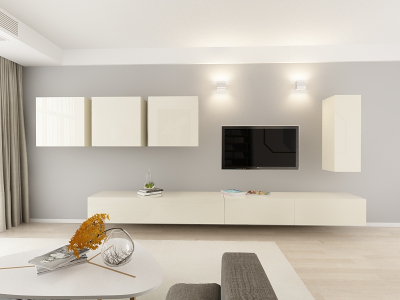 Living QUADRO - Living QUADRO 2 MDF Crem Lucios | Set Mobilier Modular Suspendat Premium Configurabil pentru un Living Modern Fără Mânere/Push to Open - Hulgo Mobili
