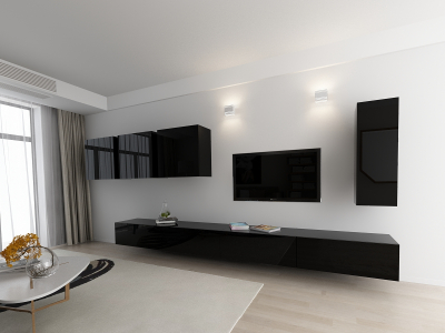 Living QUADRO 2 MDF Negru Lucios | Set Mobilier Modular Suspendat Premium Configurabil pentru un Living Modern Fără Mânere/Push to Open - Hulgo Mobili [1]