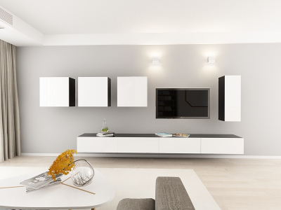 Living QUADRO 2 MDF Negru/Alb Lucios | Set Mobilier Modular Suspendat Premium Configurabil pentru un Living Modern Fără Mânere/Push to Open - Hulgo Mobili