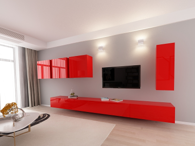 Living QUADRO 2 MDF Rosu Lucios | Set Mobilier Modular Suspendat Premium Configurabil pentru un Living Modern Fără Mânere/Push to Open - Hulgo Mobili [1]