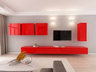 Living QUADRO - Living QUADRO 2 MDF Rosu Lucios | Set Mobilier Modular Suspendat Premium Configurabil pentru un Living Modern Fără Mânere/Push to Open - Hulgo Mobili