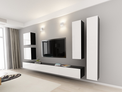 Living QUADRO 3 MDF Negru/Alb Lucios | Set Mobilier Modular Suspendat Premium Configurabil pentru un Living Modern Fără Mânere/Push to Open - Hulgo Mobili [1]
