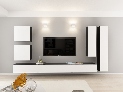 Living QUADRO 3 MDF Negru/Alb Lucios | Set Mobilier Modular Suspendat Premium Configurabil pentru un Living Modern Fără Mânere/Push to Open - Hulgo Mobili