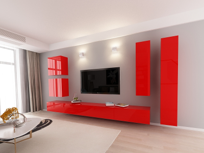 Living QUADRO 3 MDF Rosu Lucios | Set Mobilier Modular Suspendat Premium Configurabil pentru un Living Modern Fără Mânere/Push to Open - Hulgo Mobili [1]