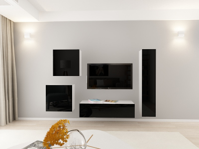 Living QUADRO 4 MDF Alb/Negru Lucios | Set Mobilier Modular Suspendat Premium Configurabil pentru un Living Modern Fără Mânere/Push to Open - Hulgo Mobili