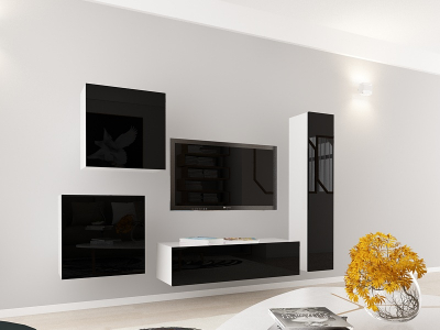 Living QUADRO 4 MDF Alb/Negru Lucios | Set Mobilier Modular Suspendat Premium Configurabil pentru un Living Modern Fără Mânere/Push to Open - Hulgo Mobili [2]