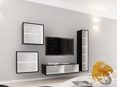 Living QUADRO 4 MDF Negru/Alb Lucios | Set Mobilier Modular Suspendat Premium Configurabil pentru un Living Modern Fără Mânere/Push to Open - Hulgo Mobili [3]