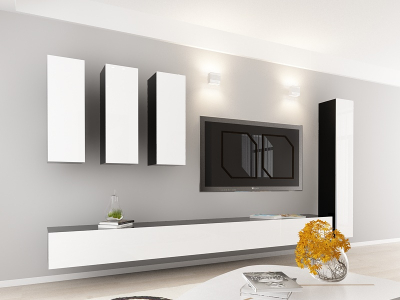 Living QUADRO 5 MDF Negru/Alb Lucios | Set Mobilier Modular Suspendat Premium Configurabil pentru un Living Modern Fără Mânere/Push to Open - Hulgo Mobili [2]