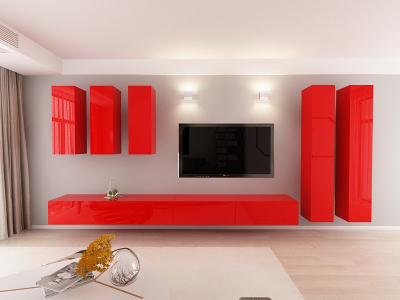 Colectia QUADRO - Living QUADRO 5 MDF Rosu Lucios | Set Mobilier Modular Suspendat Premium Configurabil pentru un Living Modern Fără Mânere/Push to Open - Hulgo Mobili