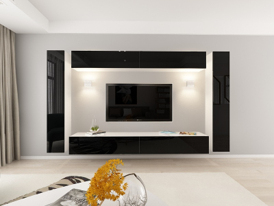 Living QUADRO 6 MDF Alb/Negru Lucios | Set Mobilier Modular Suspendat Premium Configurabil pentru un Living Modern Fără Mânere/Push to Open - Hulgo Mobili