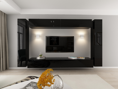 Colectia QUADRO - Living QUADRO 6 MDF Negru Lucios | Set Mobilier Modular Suspendat Premium Configurabil pentru un Living Modern Fără Mânere/Push to Open - Hulgo Mobili