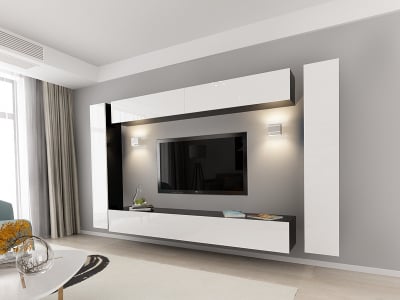 Living QUADRO 6 MDF Negru/Alb Lucios | Set Mobilier Modular Suspendat Premium Configurabil pentru un Living Modern Fără Mânere/Push to Open - Hulgo Mobili [1]