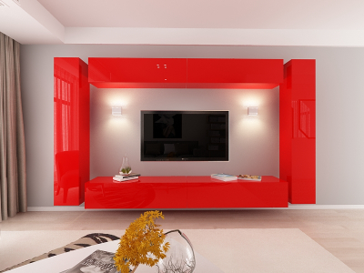 Colectia QUADRO - Living QUADRO 6 MDF Rosu Lucios | Set Mobilier Modular Suspendat Premium Configurabil pentru un Living Modern Fără Mânere/Push to Open - Hulgo Mobili