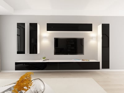 Colectia QUADRO - Living QUADRO 7 MDF Alb/Negru Lucios | Set Mobilier Modular Suspendat Premium Configurabil pentru un Living Modern Fără Mânere/Push to Open - Hulgo Mobili