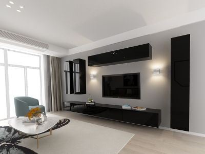 Living QUADRO 7 MDF Negru Lucios | Set Mobilier Modular Suspendat Premium Configurabil pentru un Living Modern Fără Mânere/Push to Open - Hulgo Mobili [1]