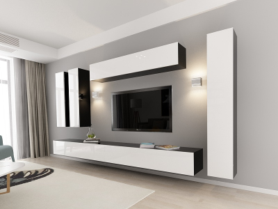 Living QUADRO 7 MDF Negru/Alb Lucios | Set Mobilier Modular Suspendat Premium Configurabil pentru un Living Modern Fără Mânere/Push to Open - Hulgo Mobili [3]