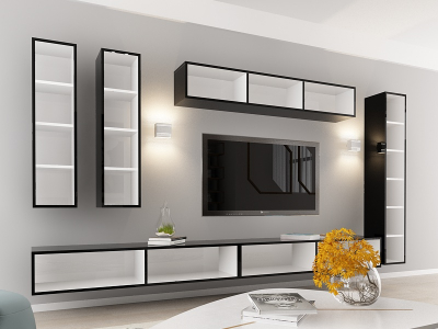 Living QUADRO 7 MDF Negru/Alb Lucios | Set Mobilier Modular Suspendat Premium Configurabil pentru un Living Modern Fără Mânere/Push to Open - Hulgo Mobili [2]