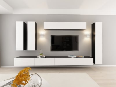 Living QUADRO 7 MDF Negru/Alb Lucios | Set Mobilier Modular Suspendat Premium Configurabil pentru un Living Modern Fără Mânere/Push to Open - Hulgo Mobili