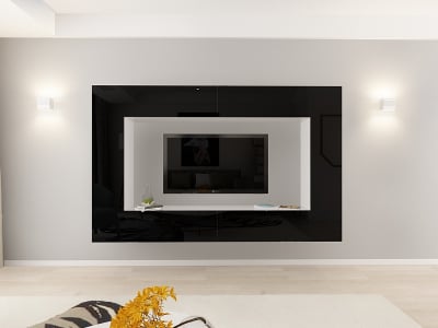 Living QUADRO 8 MDF Alb/Negru Lucios | Set Mobilier Modular Suspendat Premium Configurabil pentru un Living Modern Fără Mânere/Push to Open - Hulgo Mobili