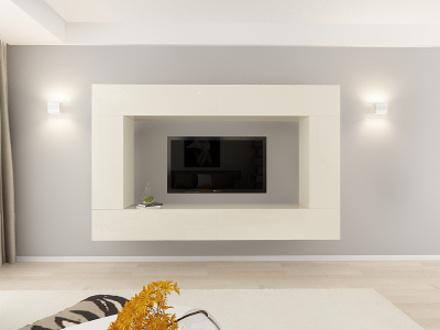 Living QUADRO 8 MDF Crem Lucios | Set Mobilier Modular Suspendat Premium Configurabil pentru un Living Modern Fără Mânere/Push to Open - Hulgo Mobili