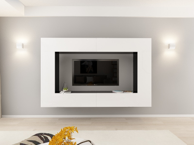 Living QUADRO 8 MDF Negru/Alb Lucios | Set Mobilier Modular Suspendat Premium Configurabil pentru un Living Modern Fără Mânere/Push to Open - Hulgo Mobili