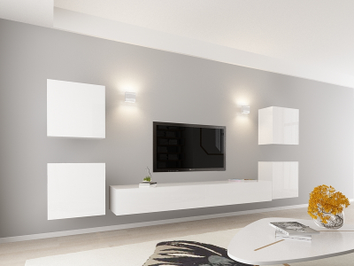 Living QUADRO 9 MDF Alb Lucios | Set Mobilier Modular Suspendat Premium Configurabil pentru un Living Modern Fără Mânere/Push to Open - Hulgo Mobili [1]