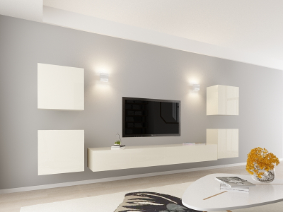 Living QUADRO 9 MDF Crem Lucios | Set Mobilier Modular Suspendat Premium Configurabil pentru un Living Modern Fără Mânere/Push to Open - Hulgo Mobili [2]