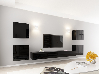 Living QUADRO 9 MDF Negru Lucios | Set Mobilier Modular Suspendat Premium Configurabil pentru un Living Modern Fără Mânere/Push to Open - Hulgo Mobili [1]