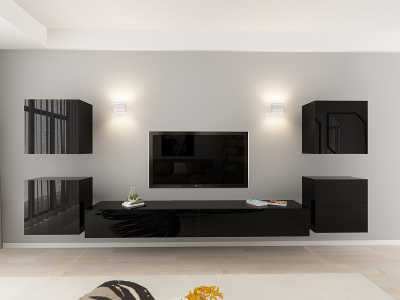Colectia QUADRO - Living QUADRO 9 MDF Negru Lucios | Set Mobilier Modular Suspendat Premium Configurabil pentru un Living Modern Fără Mânere/Push to Open - Hulgo Mobili
