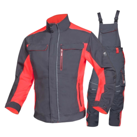 Costume salopeta - Set costum cu pantaloni de lucru cu pieptar NEON - gri/rosu