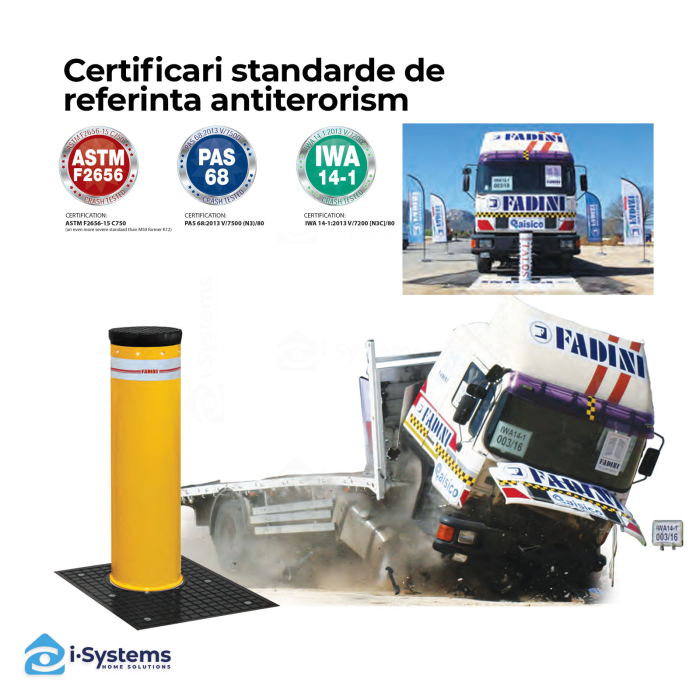 Bolard hidraulic antiterorism FADINI TALOS M50, inaltime 1000 mm, diametru 275 mm, 2.000.000 J rezistenta la efractie, EFO optional, certificat K12 / M50, IP67 [5]