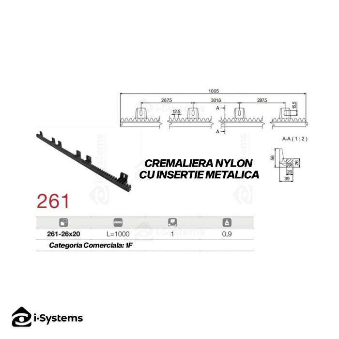 Cremaliera insertie metalica, Comunello AC-261, 6 distantiere, automatizari porti culisante pinion M4, 1m [3]