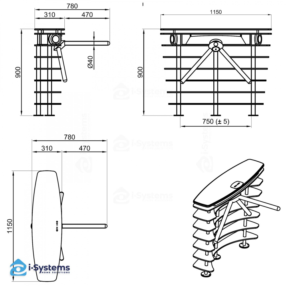 Turnichet bidirectional CAME Ozak FKR 777, tip tripod, cu 3 brate acrilice din otel inoxidabil motorizat, semiautomat, doua picioare, electromecanic, corp din inox cu un picior [3]