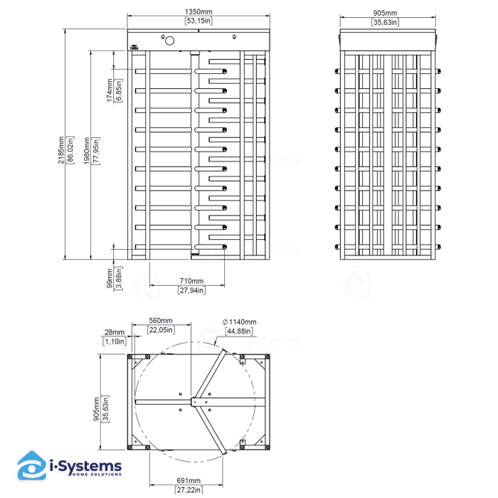 Turnichet vertical full-height TANSA LTF 113, 3 brate 120°, inox AISI 304/316, bidirectional, fail-safe, pasaj 560 mm, MCBF 5.000.000, ~20 persoane/min [9]