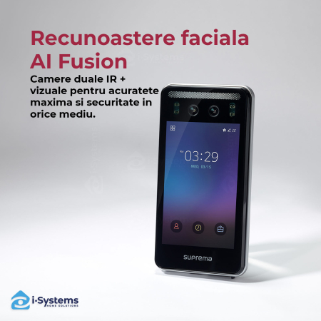 Terminal biometric multimodal Suprema FaceStation F2 FSF2-AB, recunoastere faciala AI <0.5 s, RFID/HID/iCLASS/Seos, NFC/BLE, 100.000 utilizatori, IP65 [6]