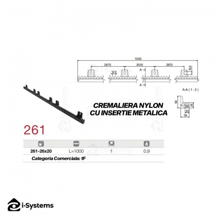 Cremaliera insertie metalica, Comunello AC-261, 6 distantiere, automatizari porti culisante pinion M4, 1m [2]