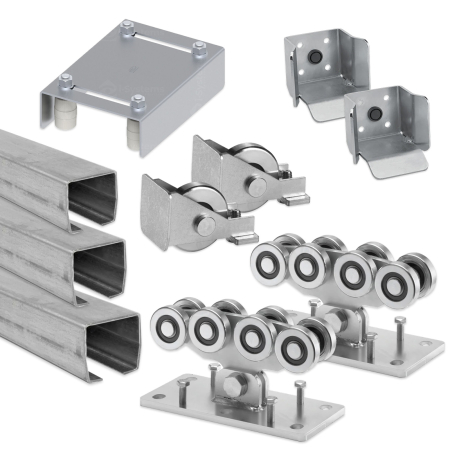 Kit-uri Feronerie Autoportante - Kit poarta autoportanta GREYSTIR seria 7000, deschidere 10m gol util, greutate 800Kg, lungime poarta 15m, sina zincata ranforsata, sistem role, ghidaj reglabil 0-110mm, Made in Italy