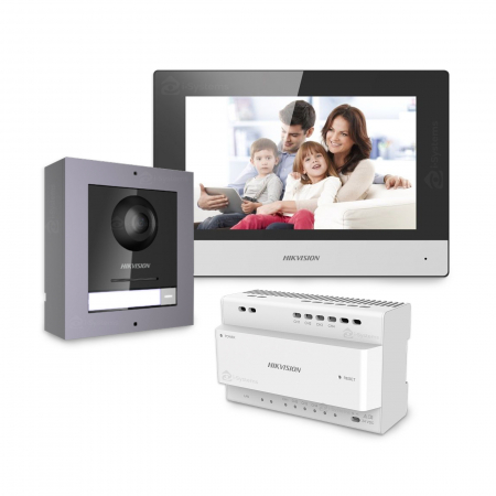 Kit Videointerfoane - Kit videointerfon IP pe 2 fire Hikvision DS-KIS702, 1 familie, 2MP, monitor 7 inch