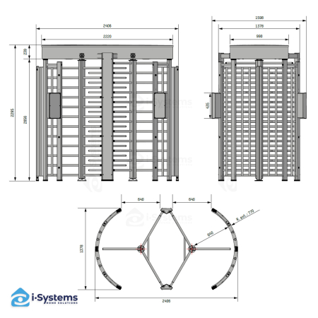 Turnichet vertical full-height TRS 372 Automatic Systems, 3 brate 120°, dublu pasaj 2×640 mm, MCBF 3.000.000 cicluri, IP43 [3]