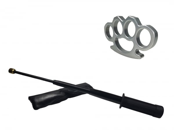 Set baston telescopic flexibil negru maner tip tonfa 47 cm + box argintiu 0,5 cm grosime [1]