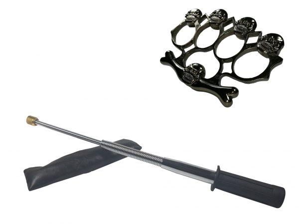 Set baston telescopic flexibil argintiu, maner cauciuc, 47 cm  + box,rozeta craniu negru [1]